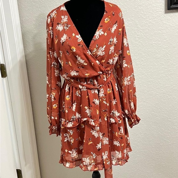 Inspired Hearts Rust Floral Long Sleeve Dress - Picture 1 of 3